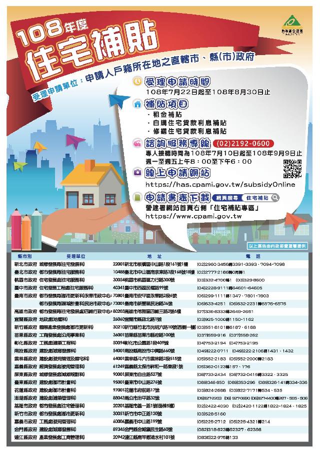 內政部辦理「108年度住宅補貼」,受理申請期間自108年7月22日起至108年8月30日止。