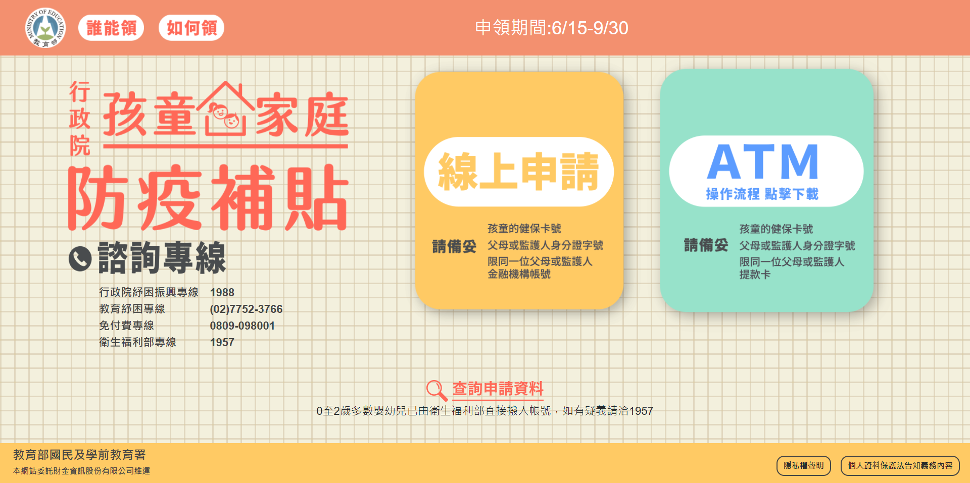 孩童家庭防疫補貼6月15日10點開放線上申請.18日可至ATM領款!